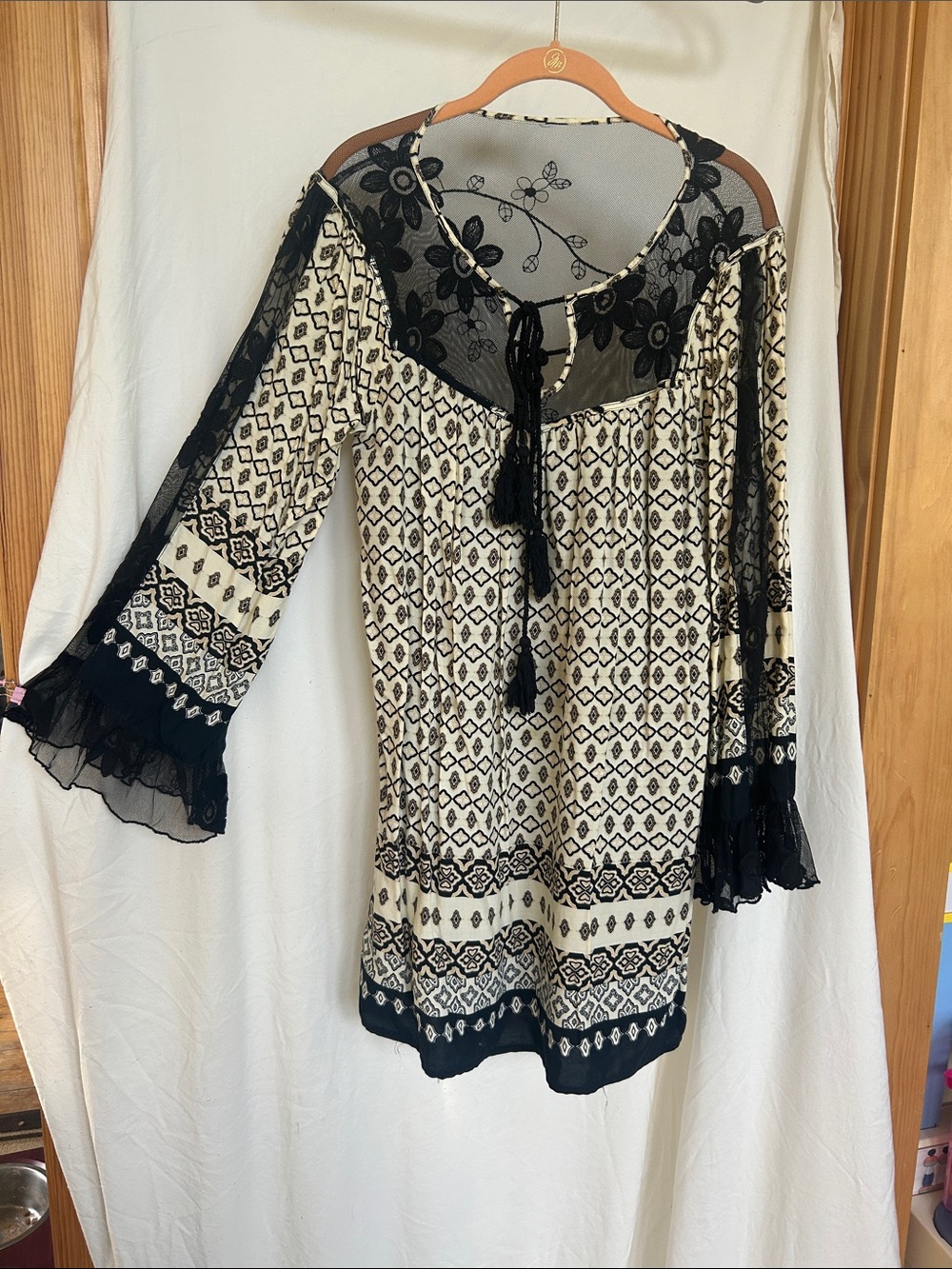Esley Black and Cream Boho Lace-Yoke Tunic